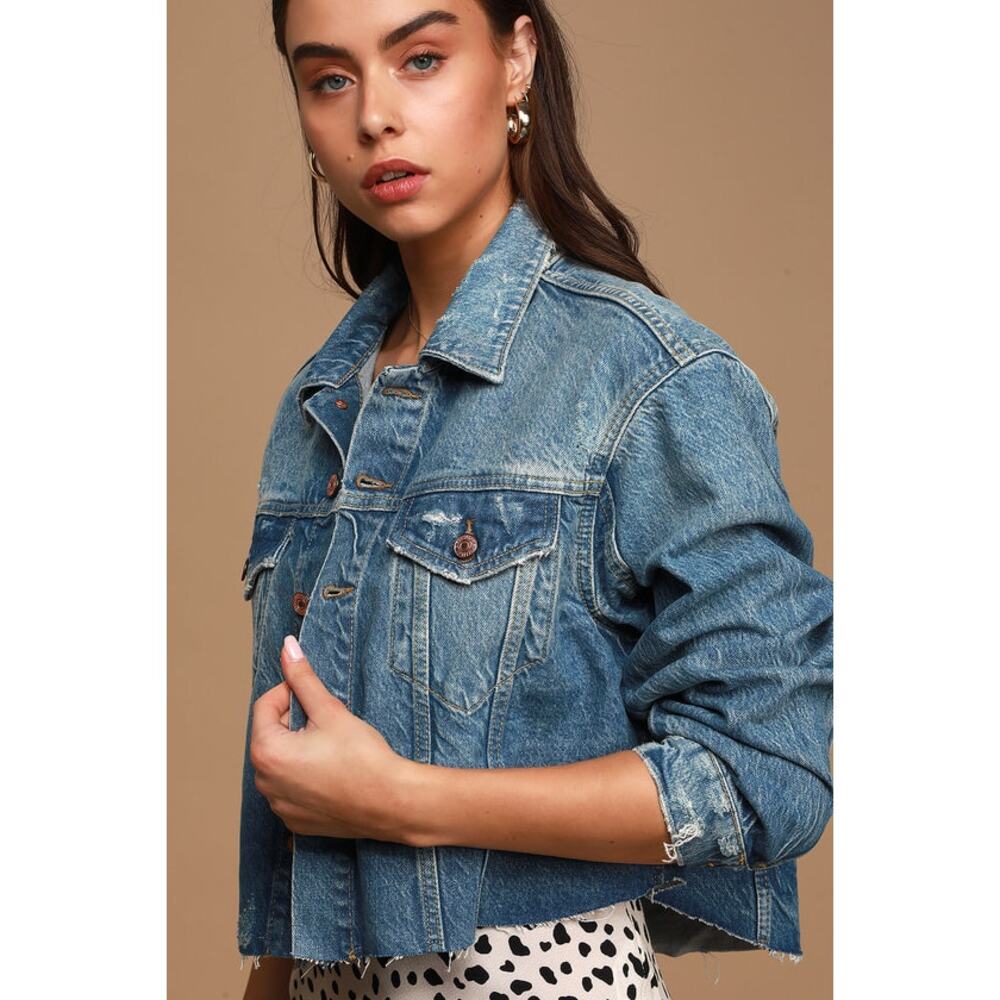 Free People Amelia Medium Wash Slouchy Trucker Denim Jacket Raw Hem - Picture 2 of 12